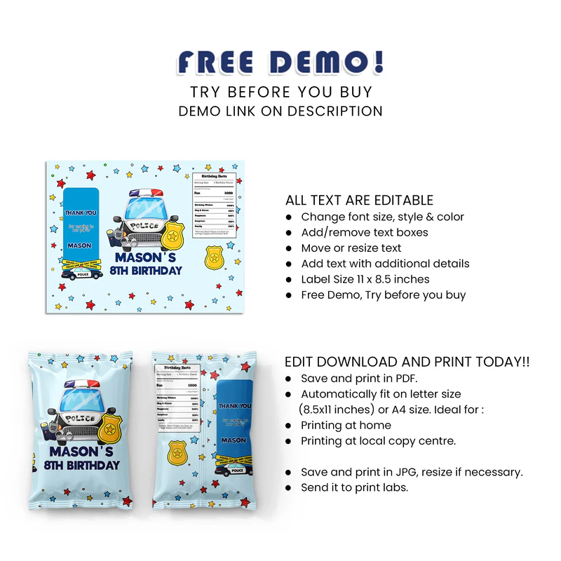 Kids Police Chips Bag Label Custom Birthday Party Snack Wrapper