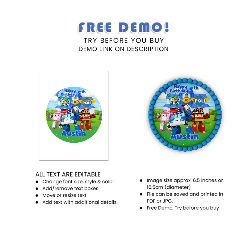 Robocar POLI Icing Sheet - Custom Edible Cake Image Topper 2024