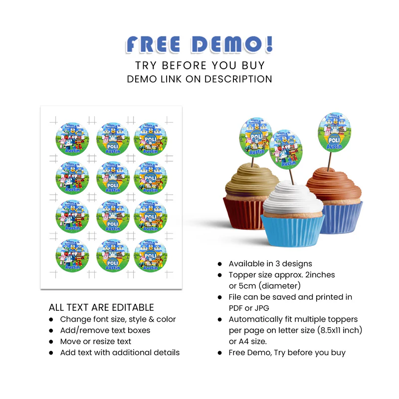 Robocar POLI Cupcake Toppers - Custom Birthday Cupcake Decor