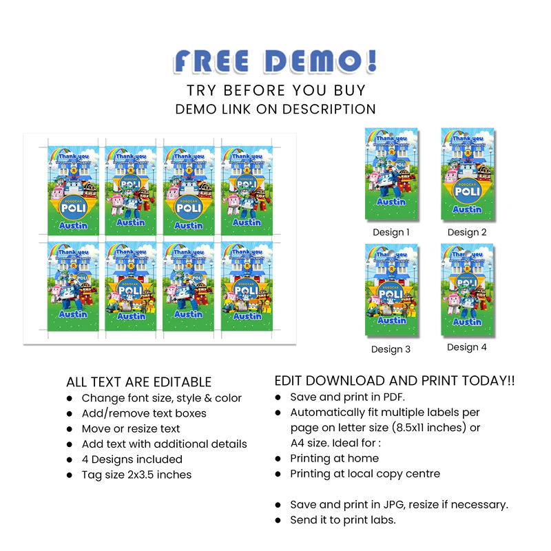 Robocar POLI Favor Tags - Custom Thank You Tags for Party Bags