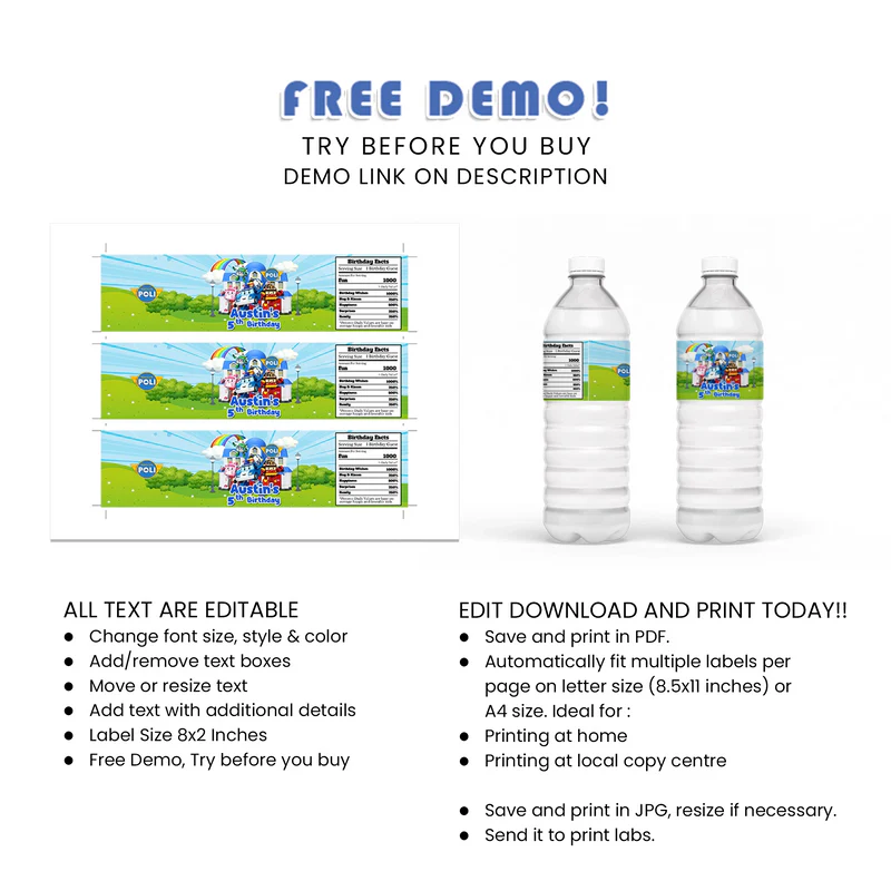 Robocar POLI Bottle Label - Custom Water Bottle Party Wrapper