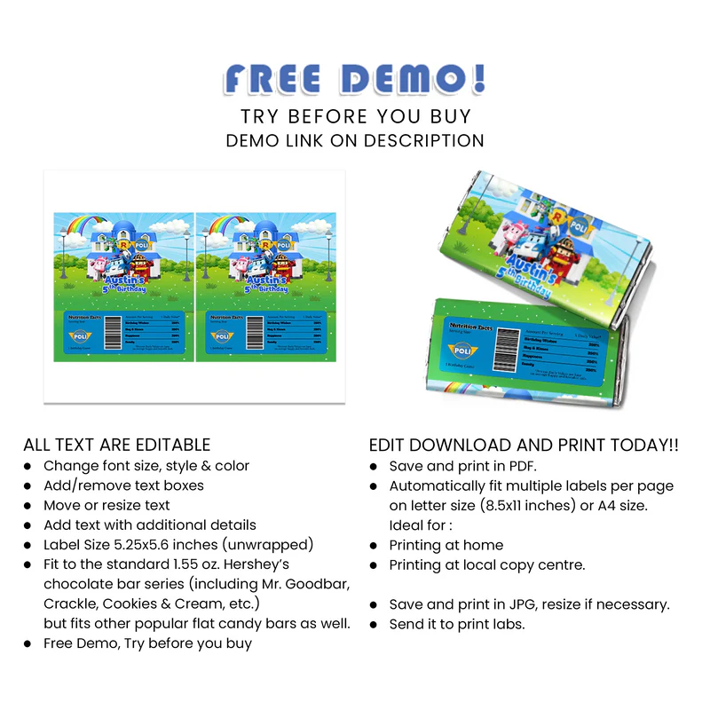 Robocar POLI Chocolate Label - Custom Candy Bar Party Stickers