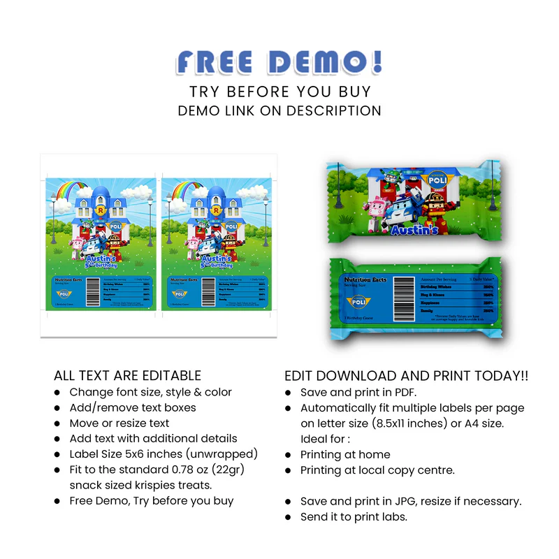 Robocar POLI Snack Label Set - Krispies & Candy Bar Wrap Printables