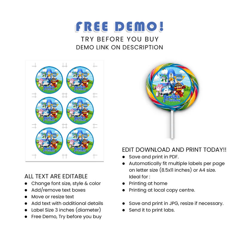 Robocar POLI Lollipop Label - Custom Round Sucker Tag for Party