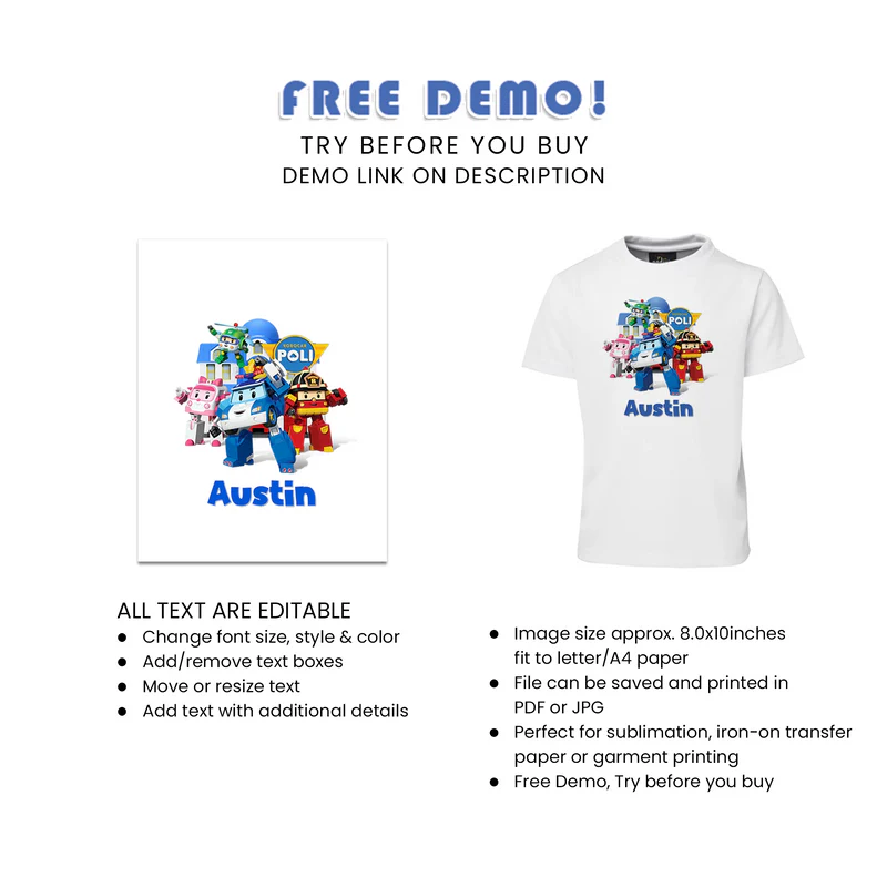 Robocar POLI Shirt Design - Custom Kids Birthday Sublimation Tee