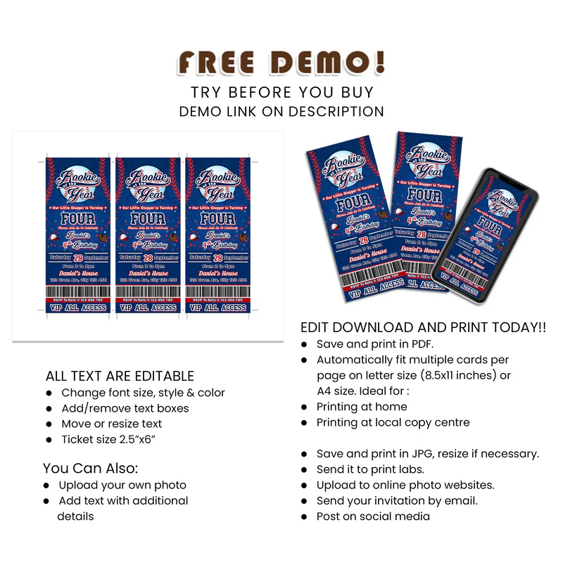 Rookie of the Year Ticket Invitation | Editable Birthday Pass | Instant Download