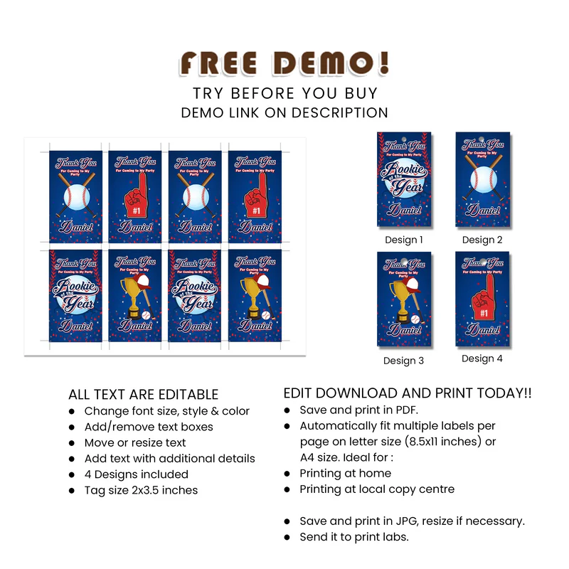 Rookie of the Year Favor Tags | Editable Printable Labels | Party Supplies