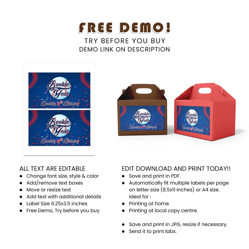 Rookie of the Year Treat Box Label | Printable Gable Box Tag | Editable File