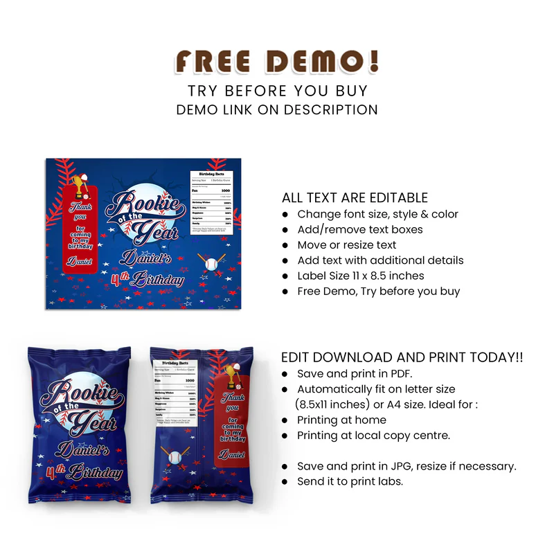 Rookie of the Year Chip Bag Label | Editable Party Favor Wrap | Digital File