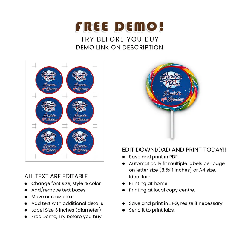 Rookie of the Year Lollipop Label | Editable Candy Tag | Party Favor Printable