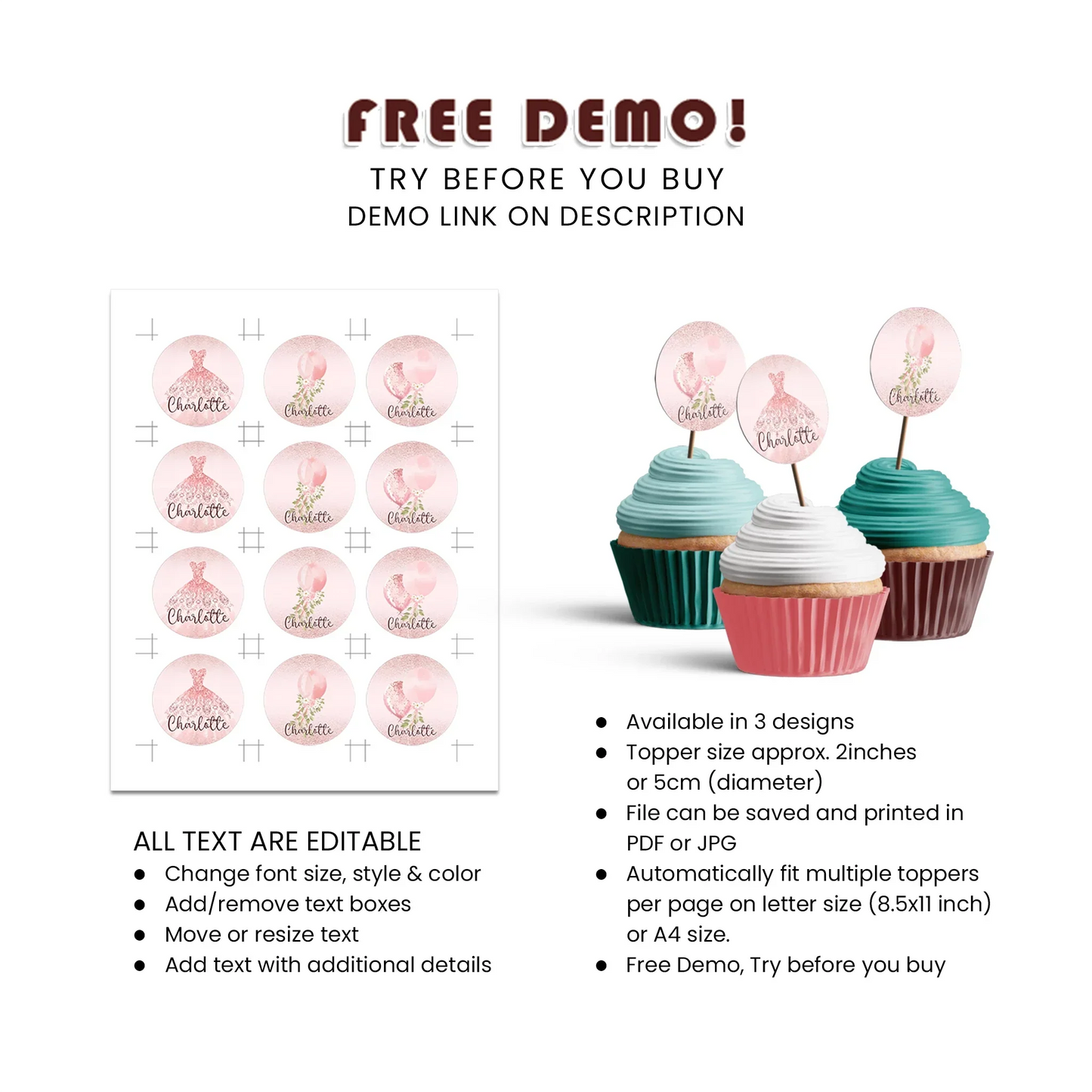 Rose Gold Personalized Cupcake Toppers - Birthday Party Decoration