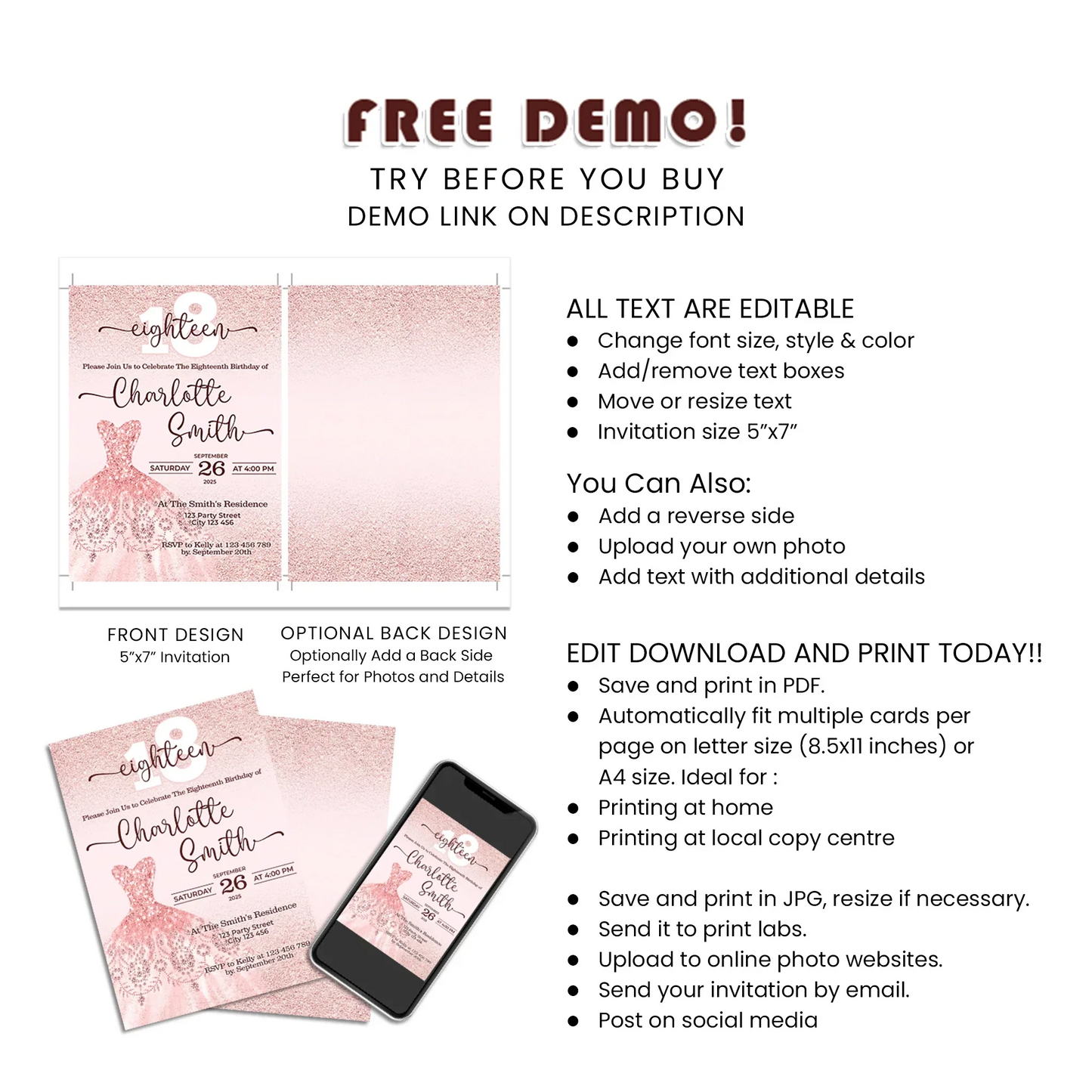 Rose Gold Personalized Birthday Card Invitations - Custom Printable