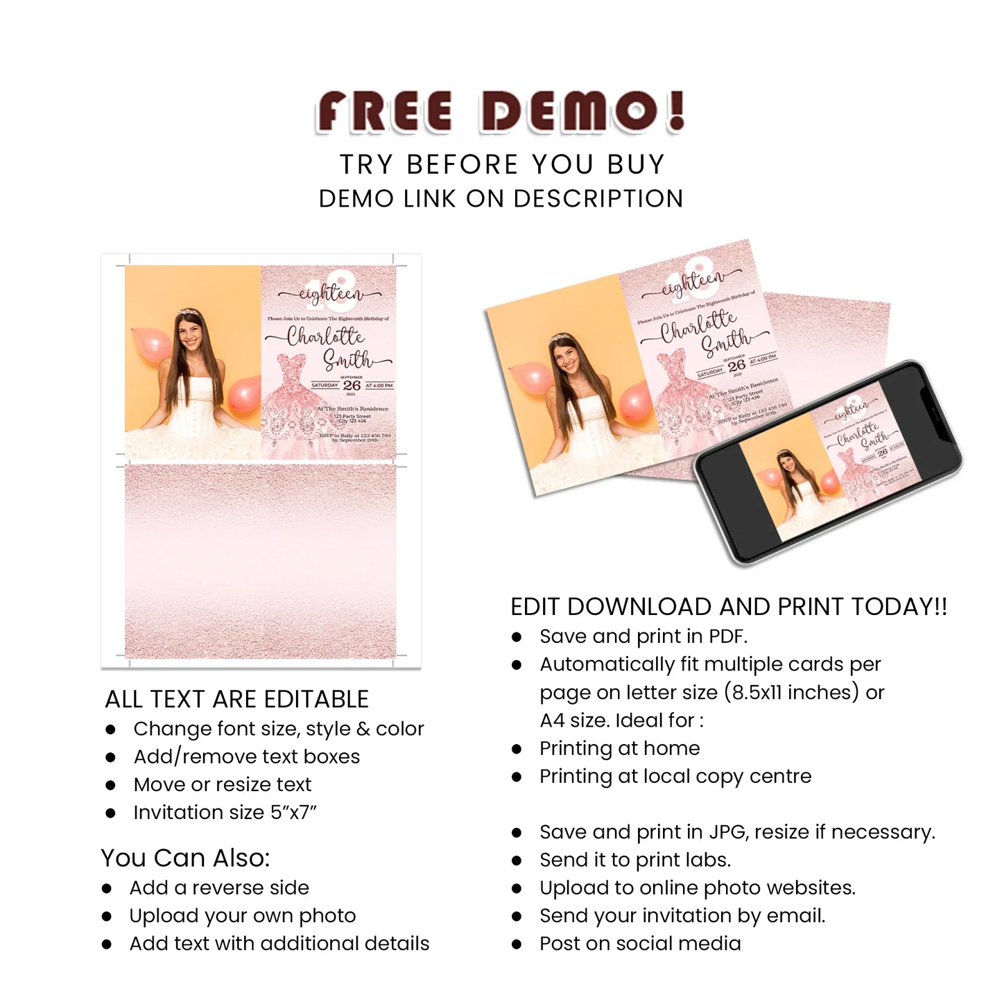 Rose Gold Personalized Photo Card Invitations - Digital Template