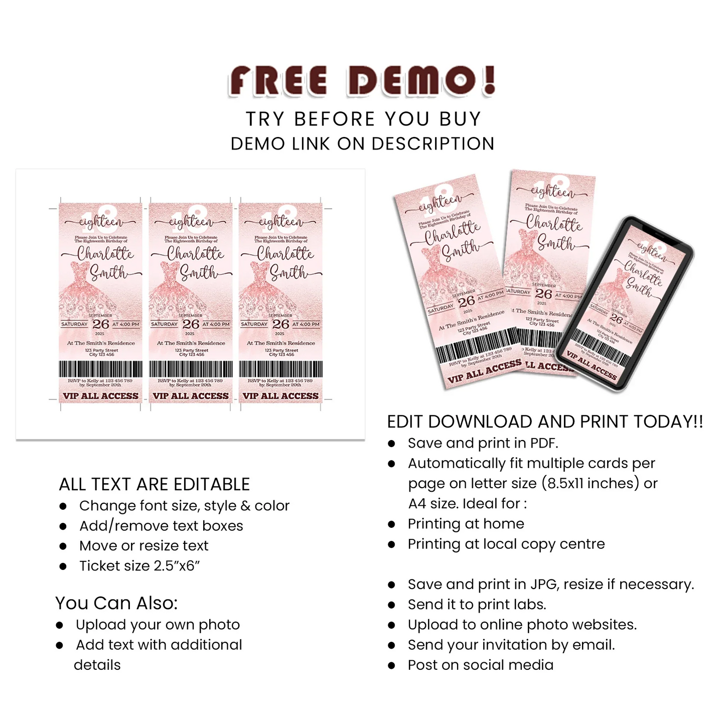 Rose Gold Personalized Birthday Ticket Invitations - Editable Template