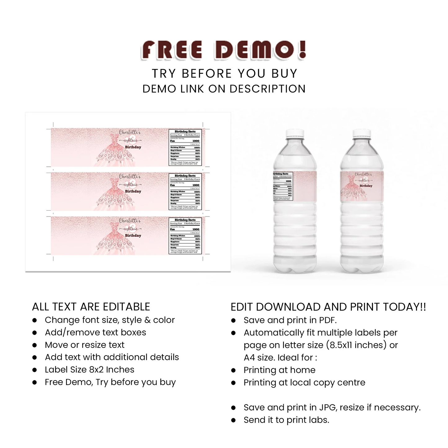 Rose Gold Water Bottle Label - Personalized Drink Label