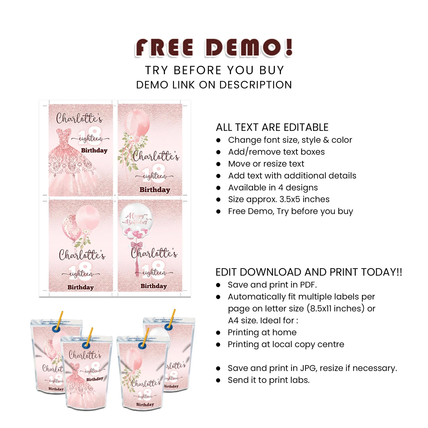 Rose Gold Juice Pouch Label - Custom Party Drink Label