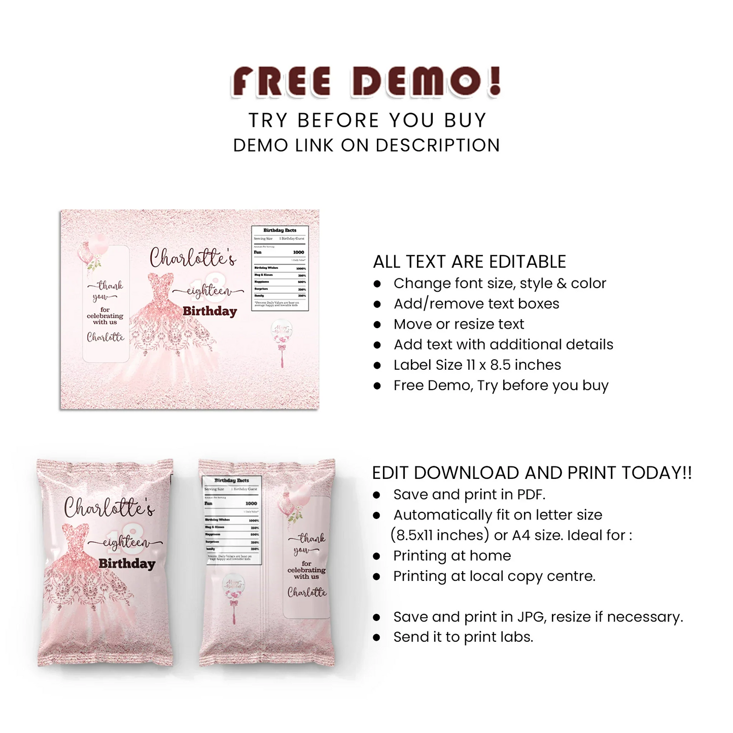 Rose Gold Chips Bag Label - Personalized Snack Wrapper