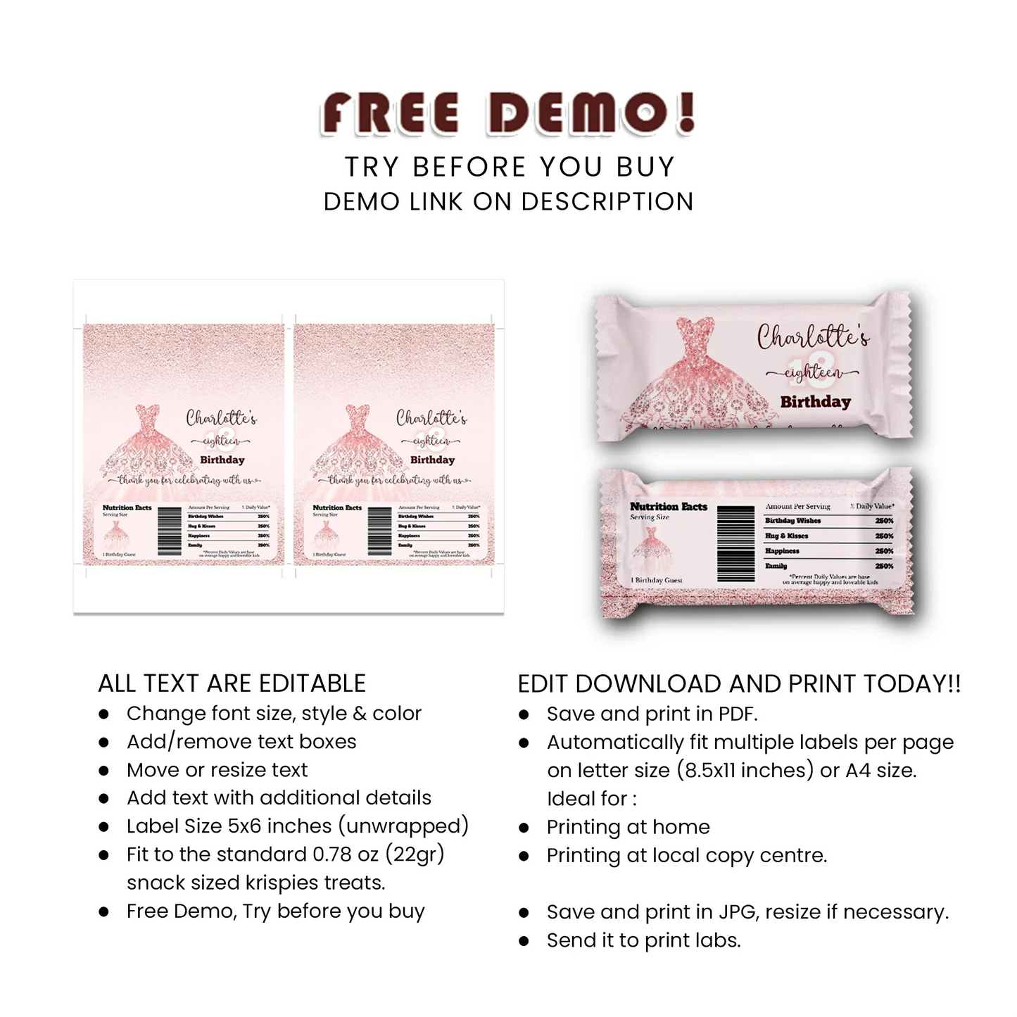 Rose Gold Rice Krispies Treats Label & Candy Bar Label - Party Favor