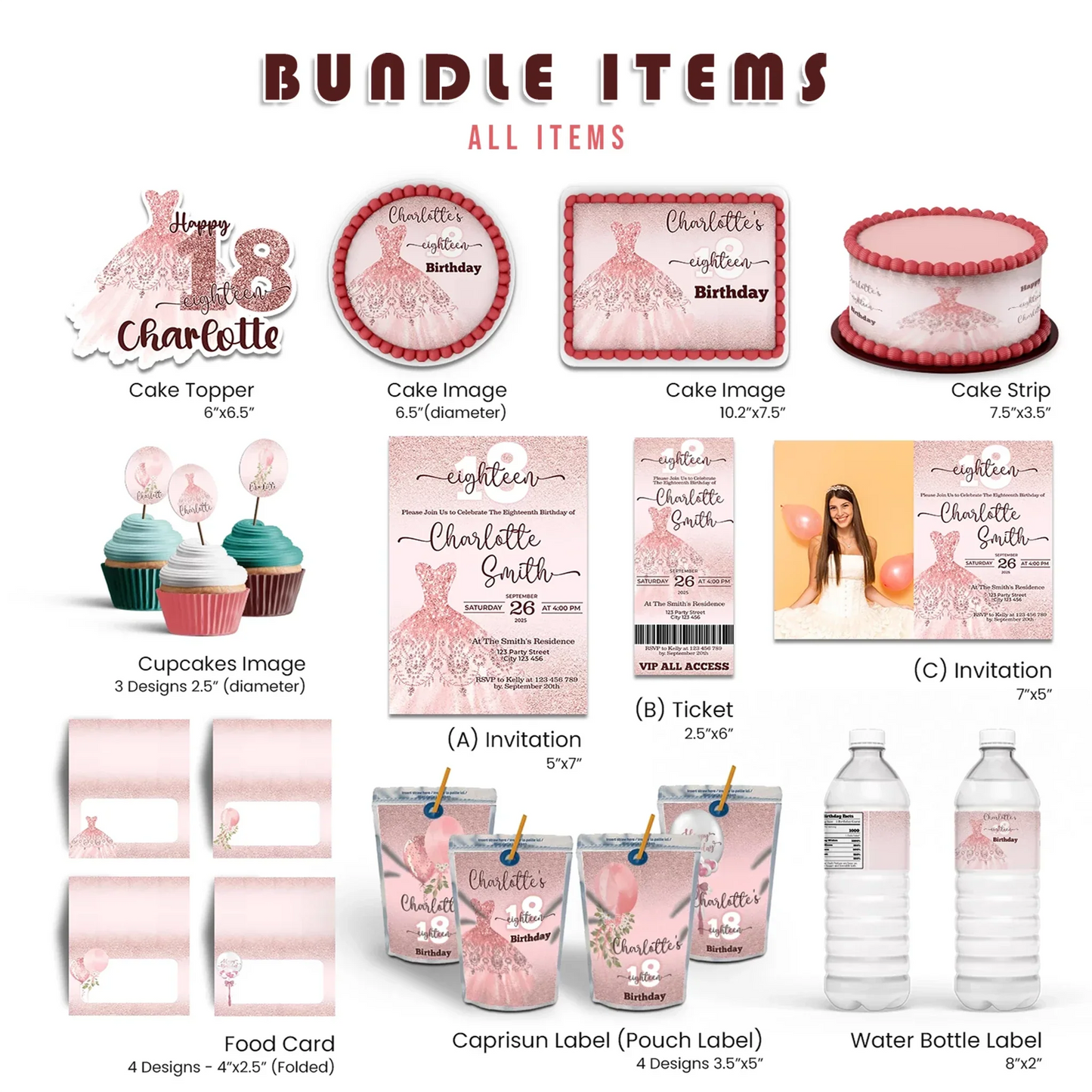 Rose Gold Personalized Digital Template Party Pack printable design for birthdays, weddings, and celebrations