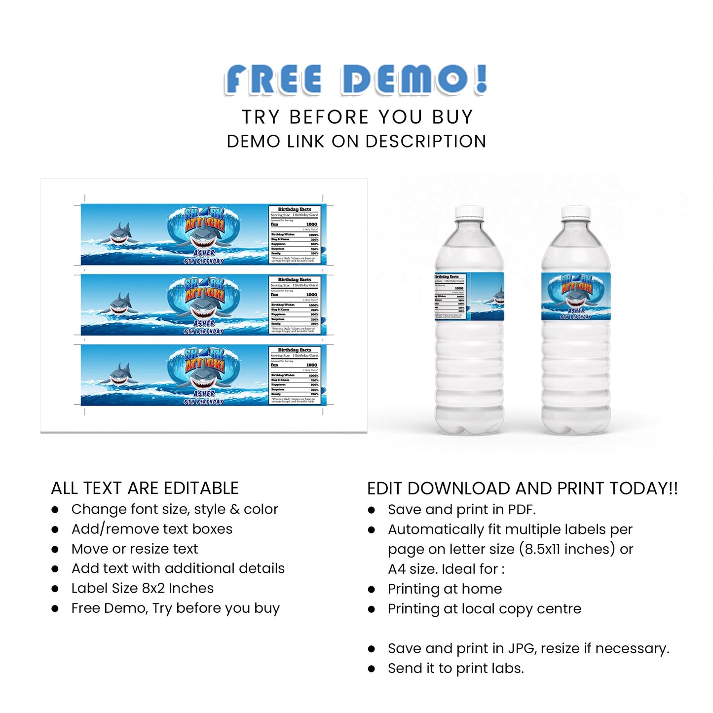 Personalized Shark Water Bottle Labels - Refreshing Design for Your Drinks