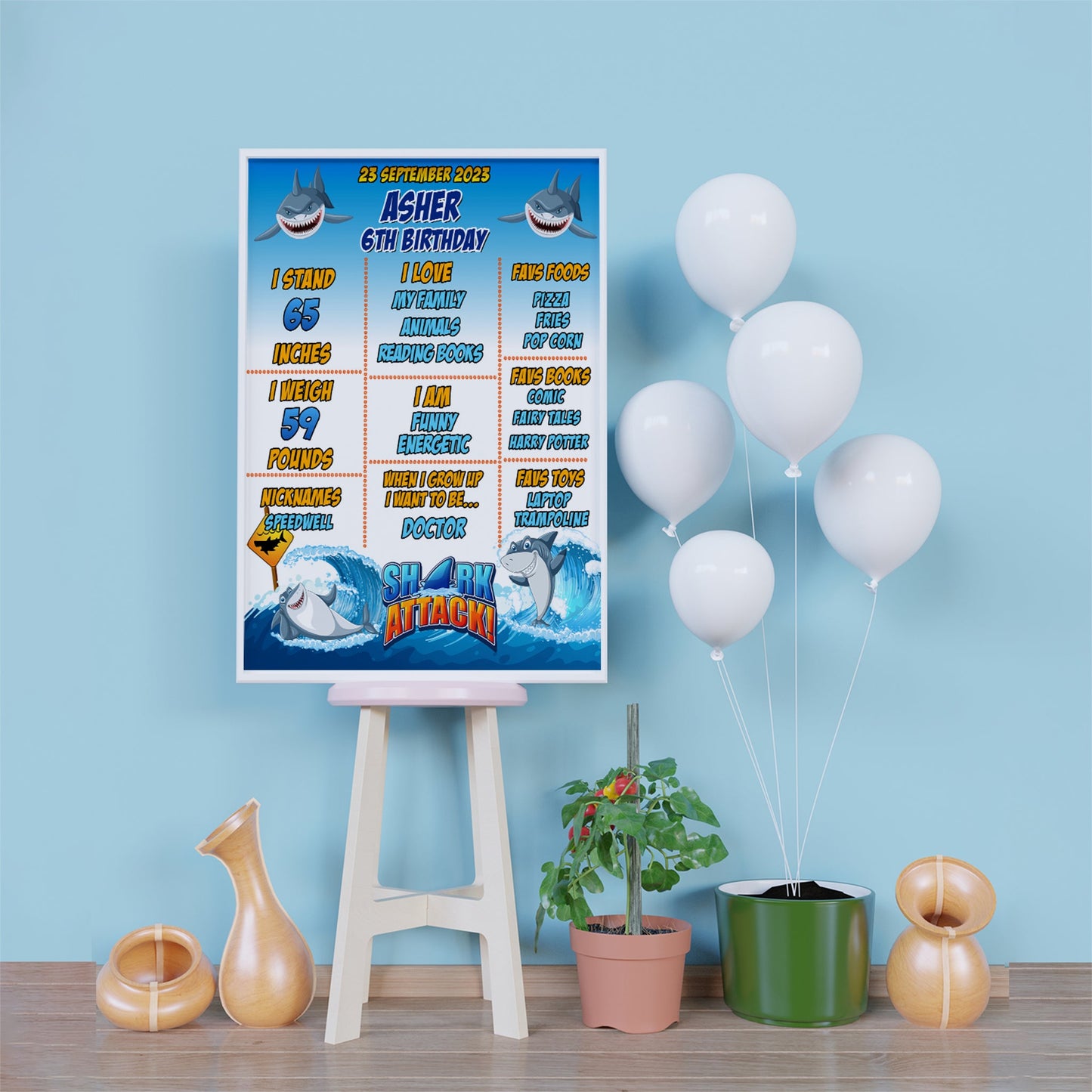 Shark Birthday Decorations, Shark Party Supplies, Under Sea Themed, Kids Birthday Digital Template, Editable Shark Image SVG PNG