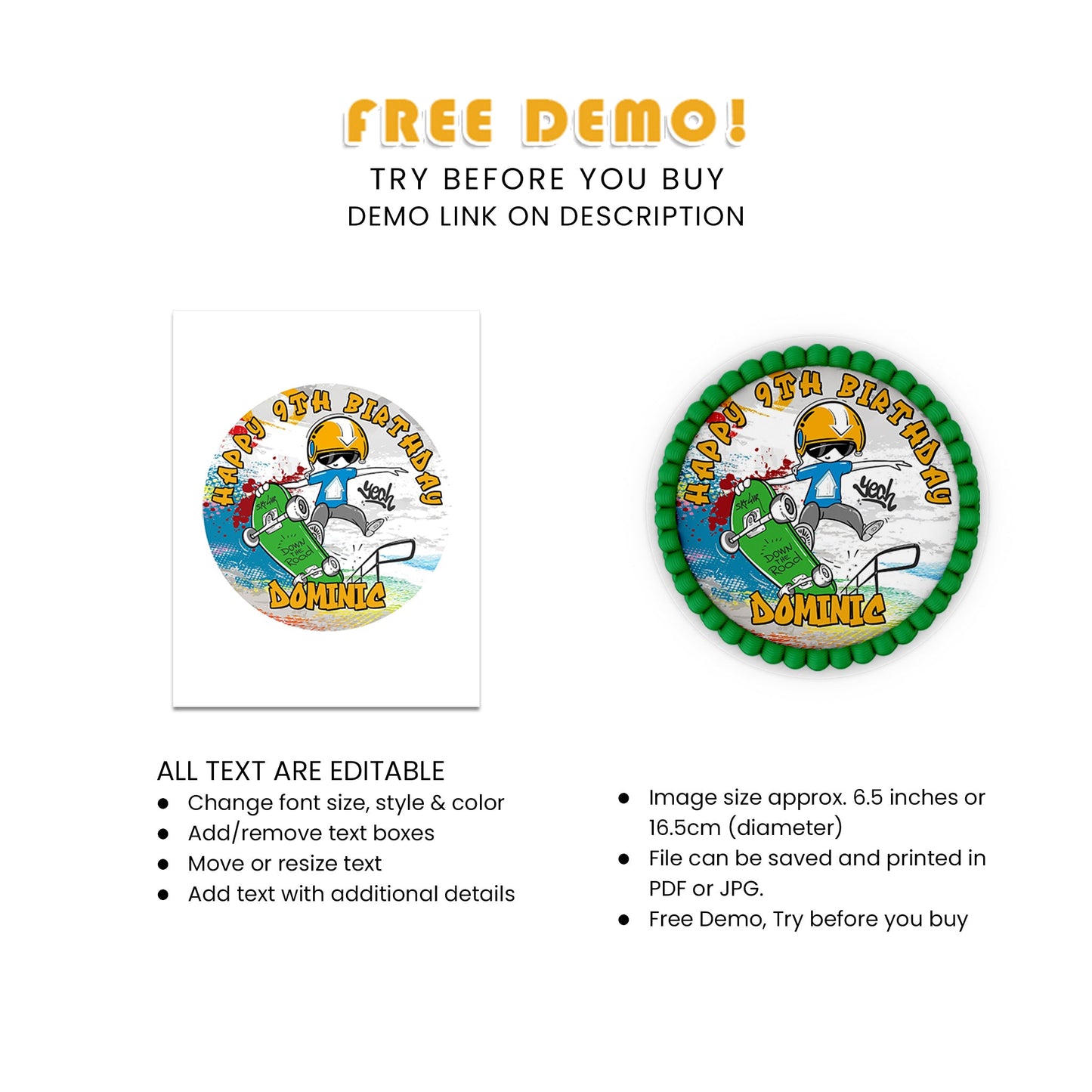 Round Sheet Cake Images with Personalized Skateboard Design - Perfect for Any Occasion