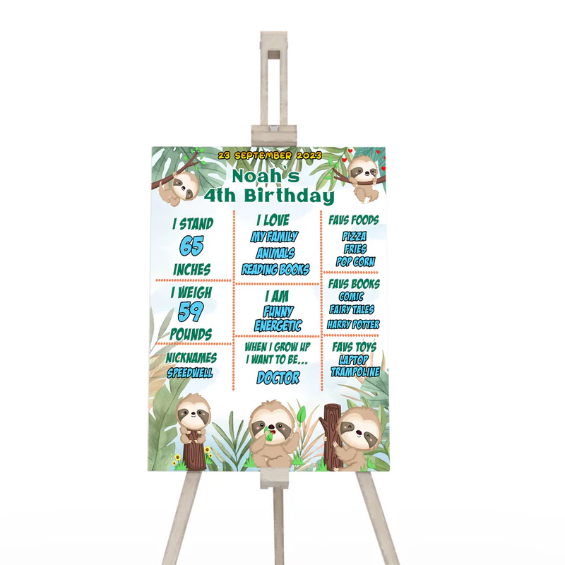 Sloth milestone poster with playful sloth design flat lay on white background