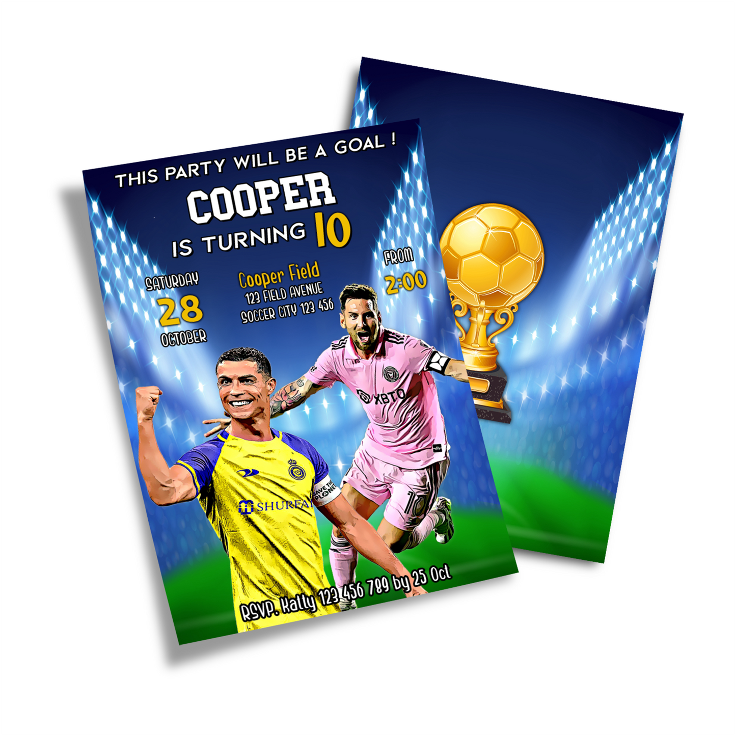 Personalized birthday card invitations featuring Messi & Ronaldo