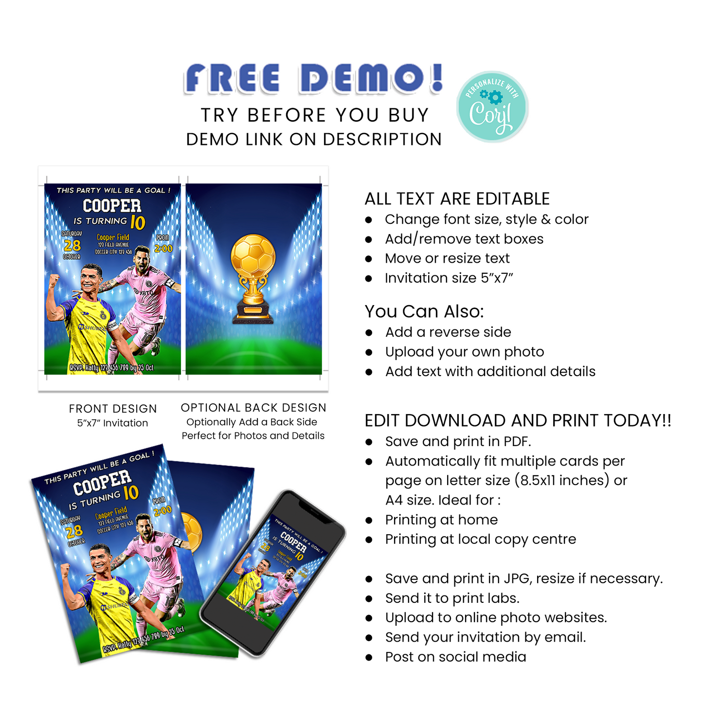 Messi & Ronaldo Personalized Birthday Card Invitations - Kickstart Your Celebrations in Style