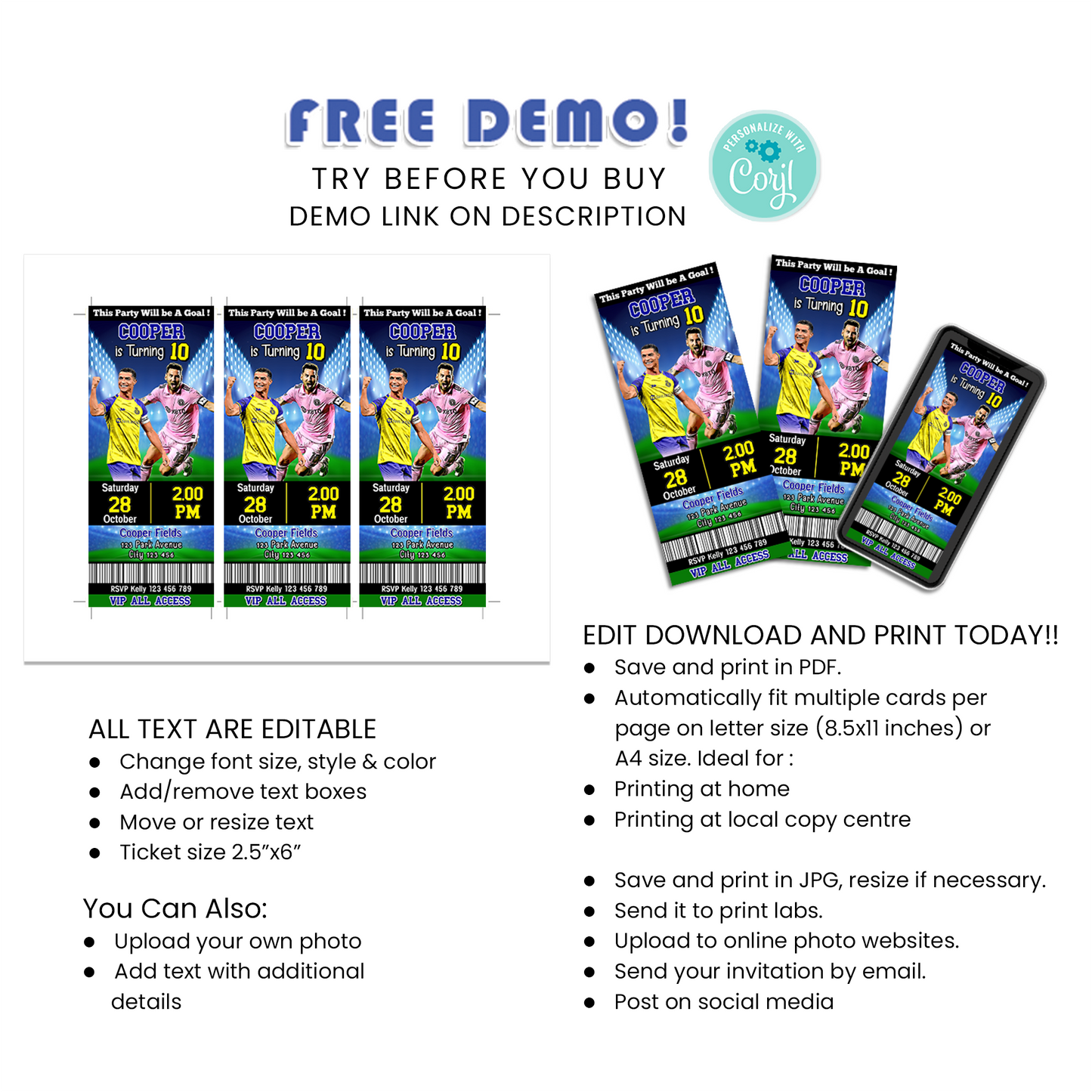 Messi & Ronaldo Personalized Birthday Ticket Invitations - Make Your Event Unforgettable