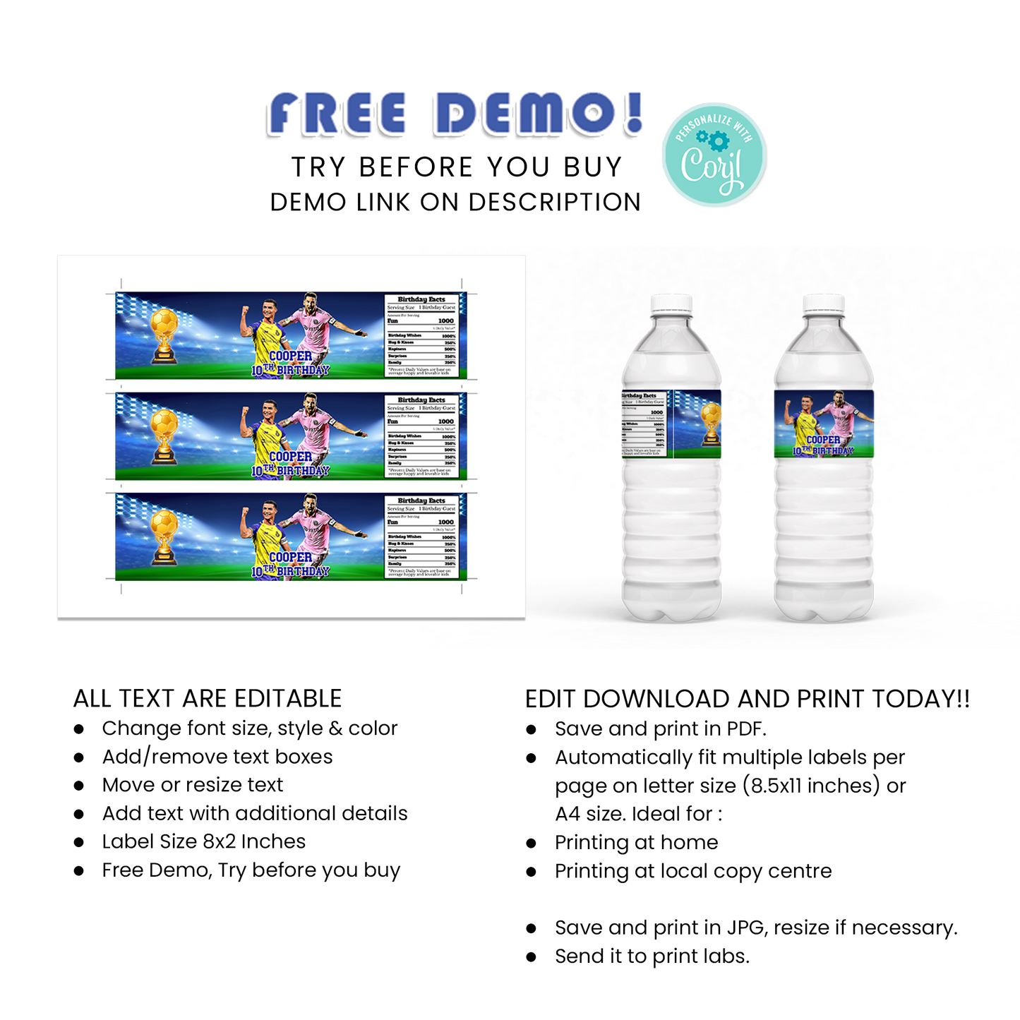 Messi & Ronaldo Water Bottle Label - Keep Your Guests Hydrated in Style