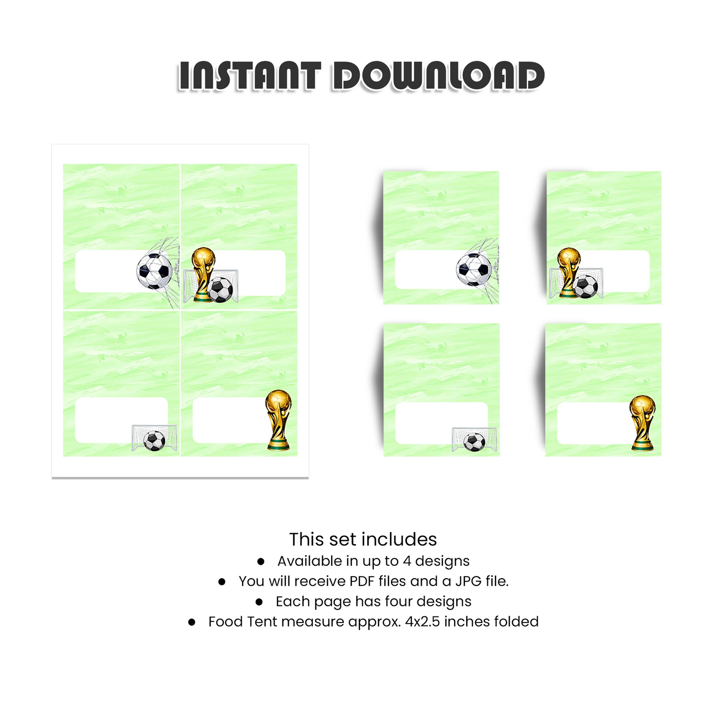 Soccer food cards themed buffet labels for soccer party tables