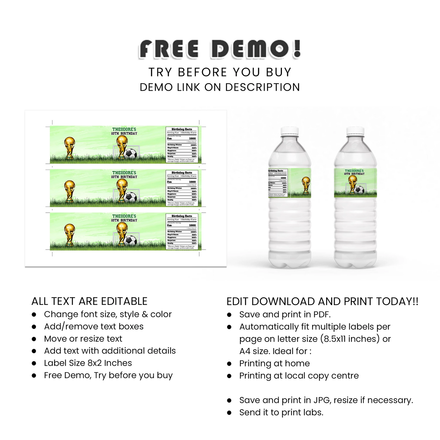 Soccer water bottle label personalized party drink wraps