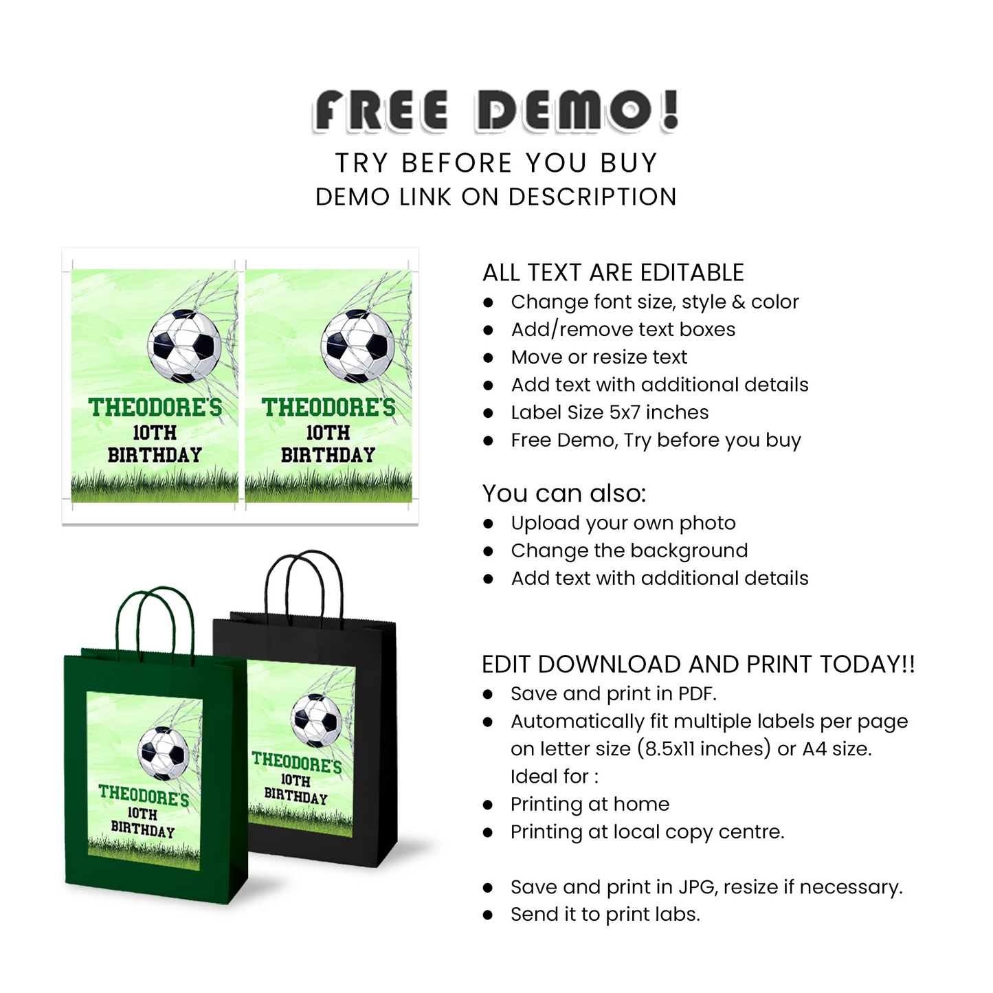 Soccer goodie bag label custom party favor bag decor