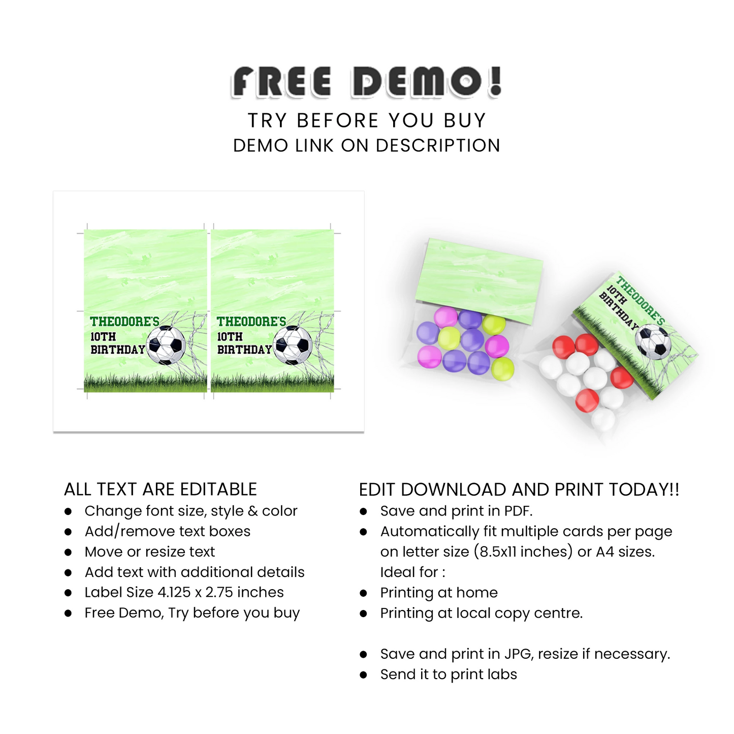 Soccer treat bag topper label personalized party favor toppers