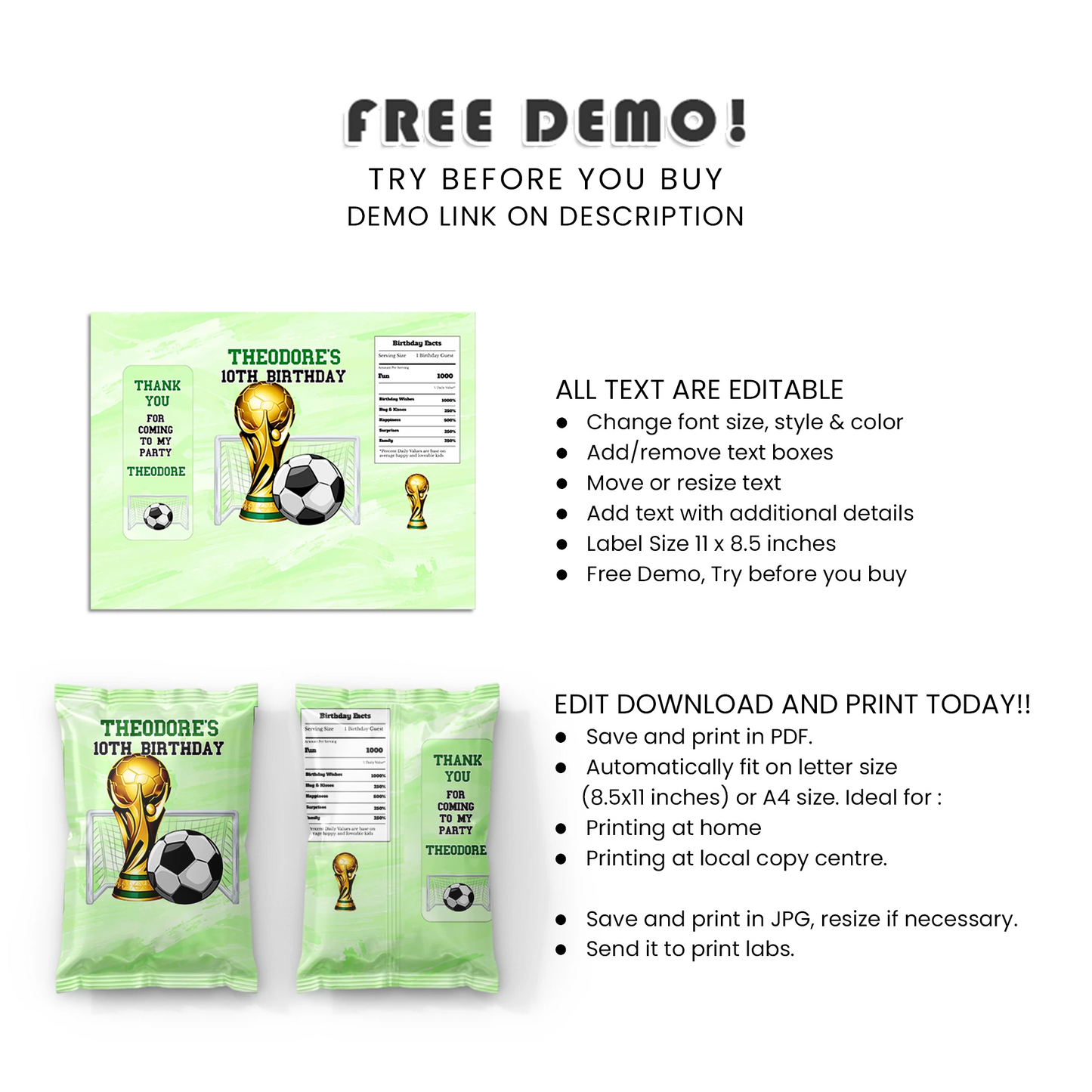 Soccer chips bag label custom party snack bag wraps