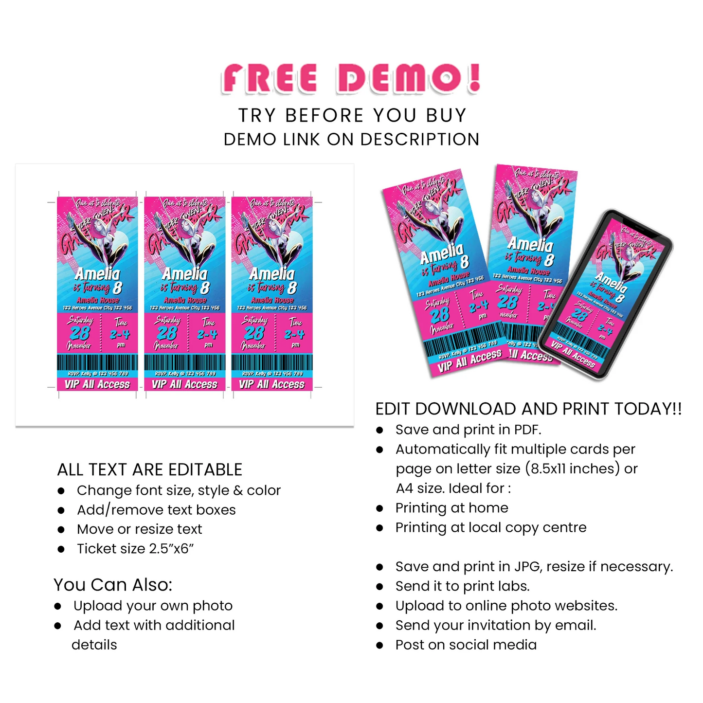 Spider-Woman Personalized Birthday Ticket Invitations