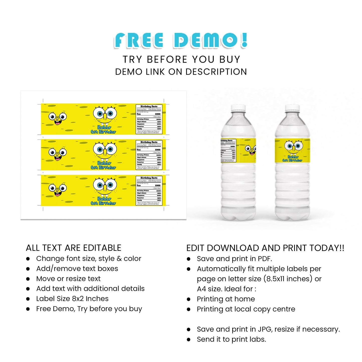 Hydrate in Style with Spongebob Water Bottle Label - Perfect for Themed Parties