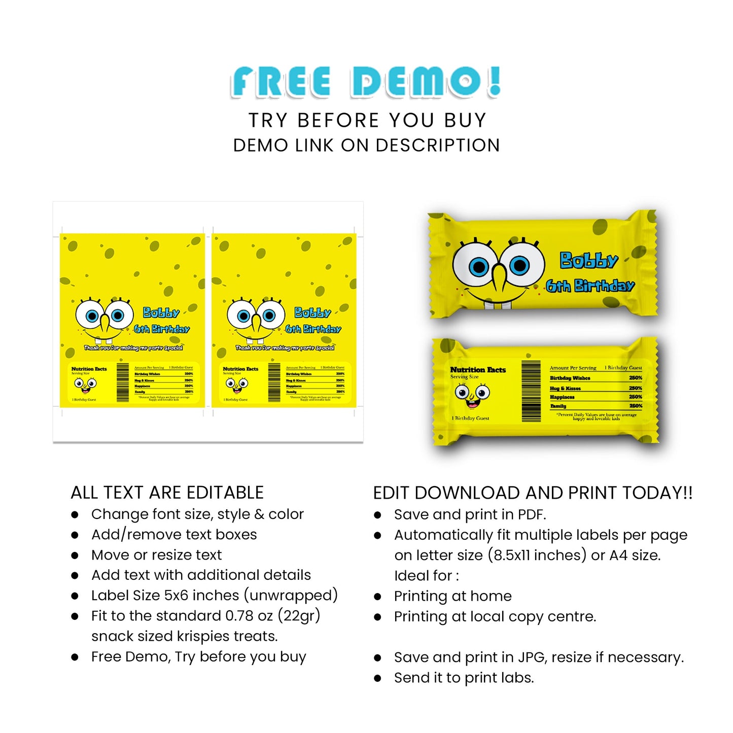 Add a Unique Touch to Your Treats with Spongebob Rice Krispies Treats Label & Candy Bar Label