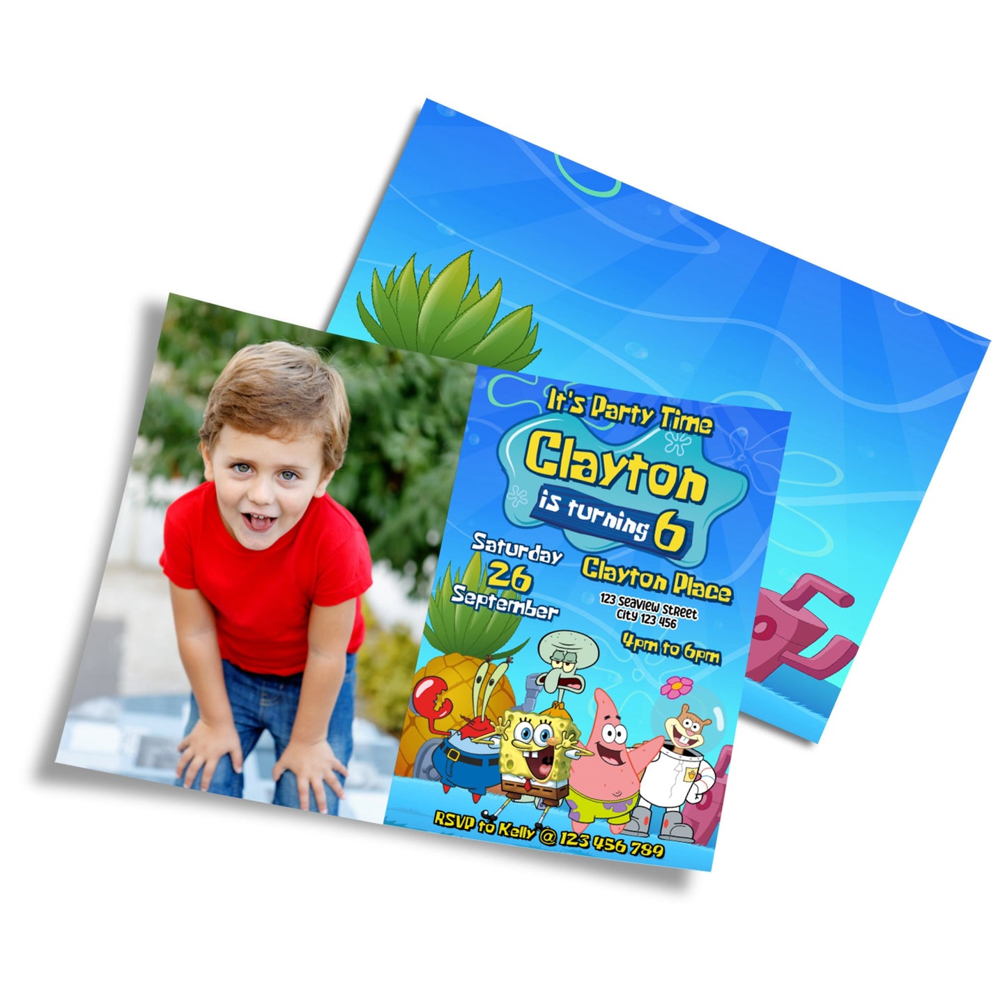 Spongebob themed personalized photo card invitations