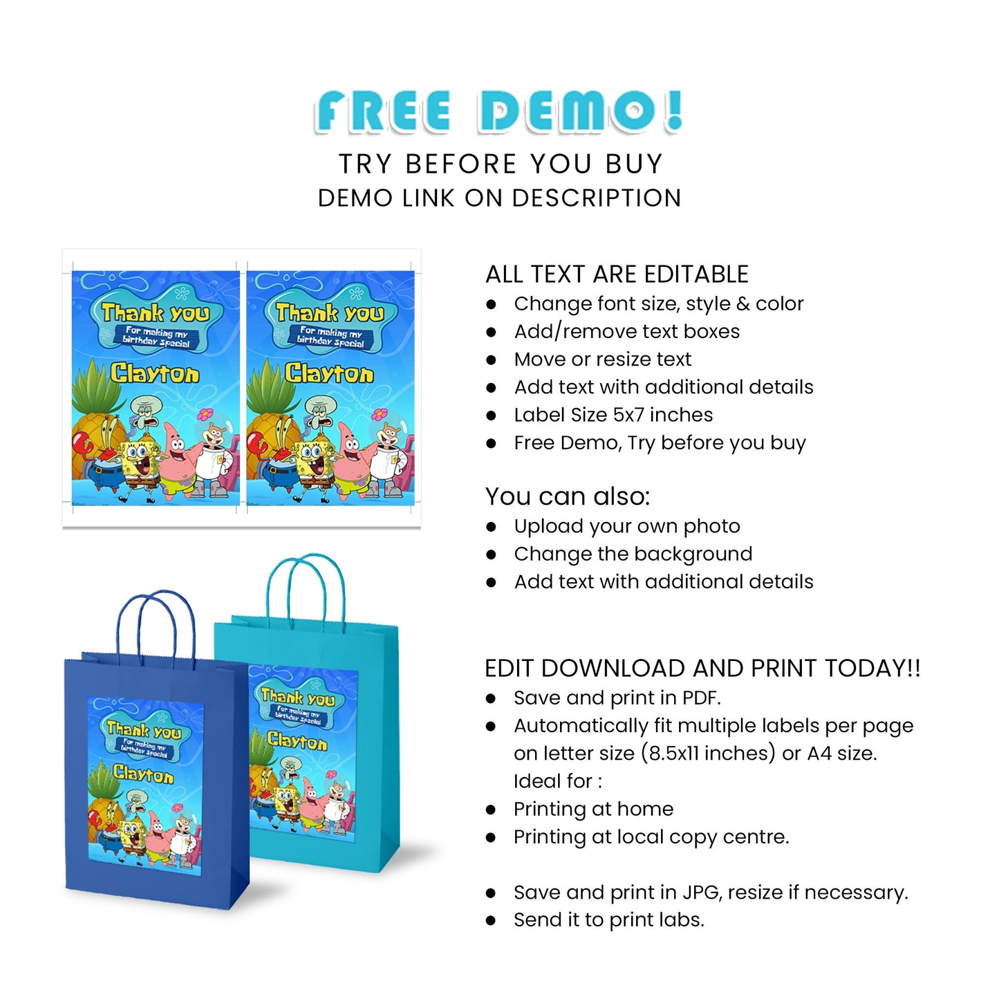 Surprise Your Guests with Spongebob goody Bag Label - Perfect for Party Favors