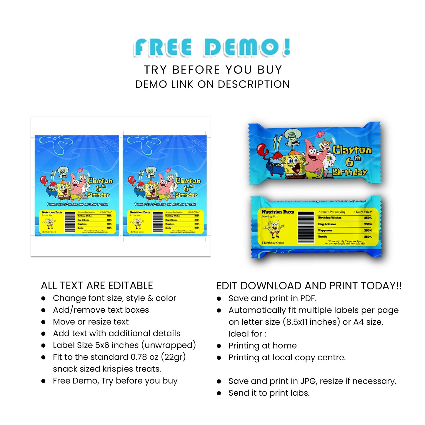Add a Unique Touch to Your Treats with Spongebob Rice Krispies Treats Label & Candy Bar Label