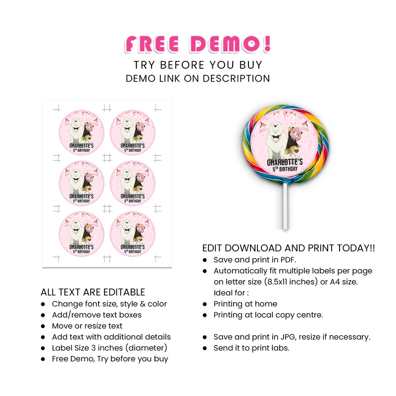 Spy X Family Lollipop Label - Personalized Round Candy Stickers