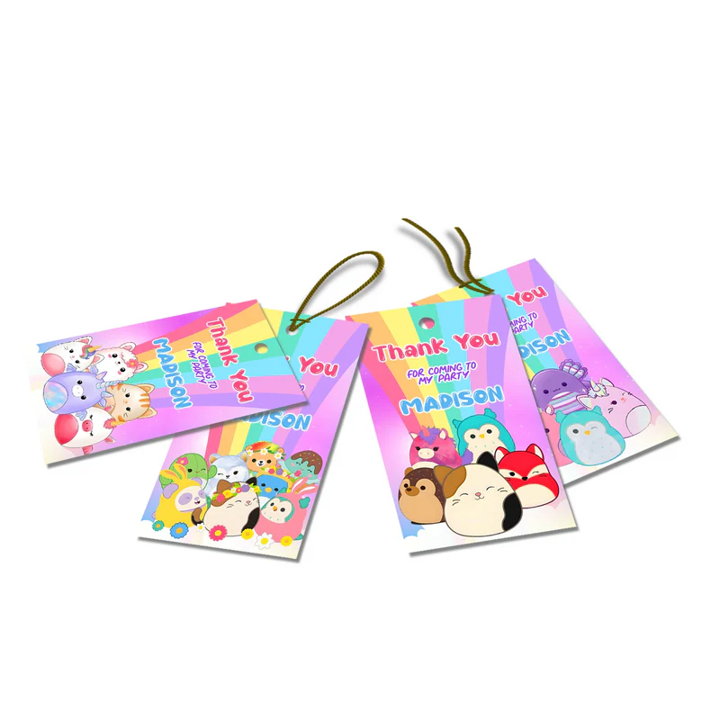 Squishmallows thank you tags, colorful character design.