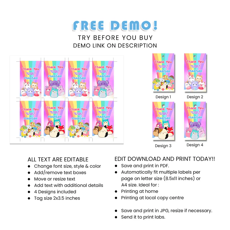 Squishmallows Favor Tags