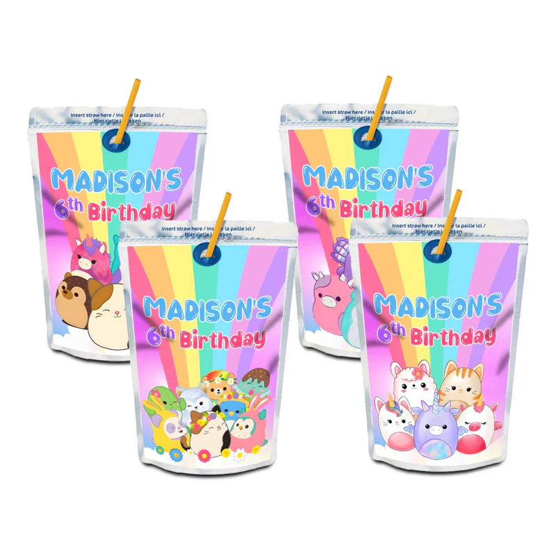 Squishmallows juice pouch label, applied to drink pouch.