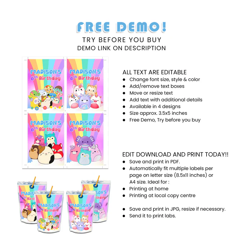 Squishmallows Juice Pouch Labels