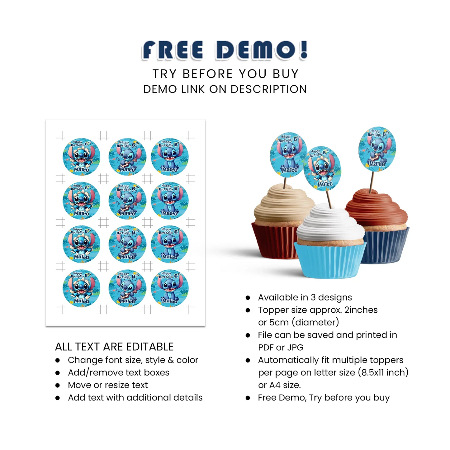 Stitch Personalized Cupcake Toppers