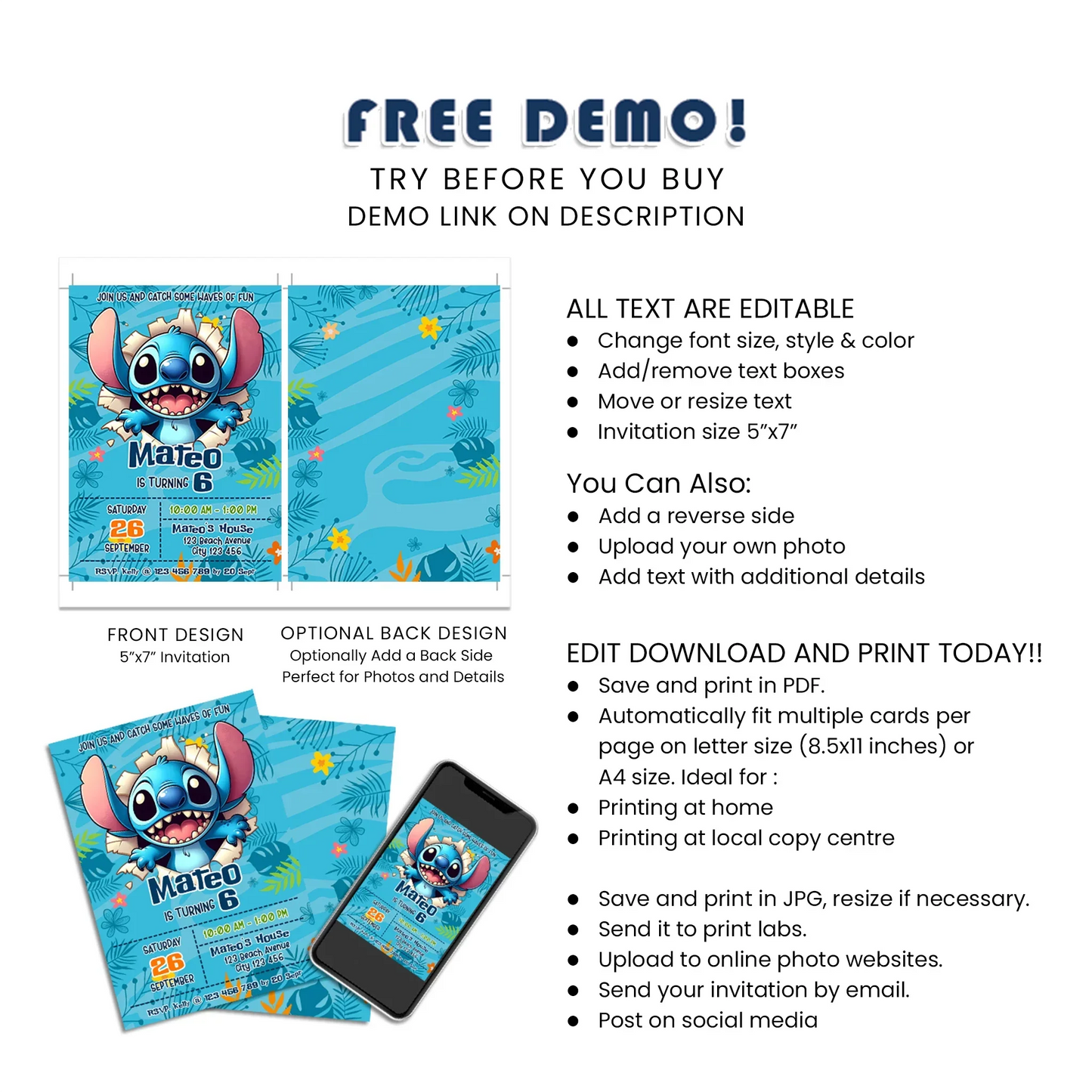 Stitch Personalized Birthday Card Invitations