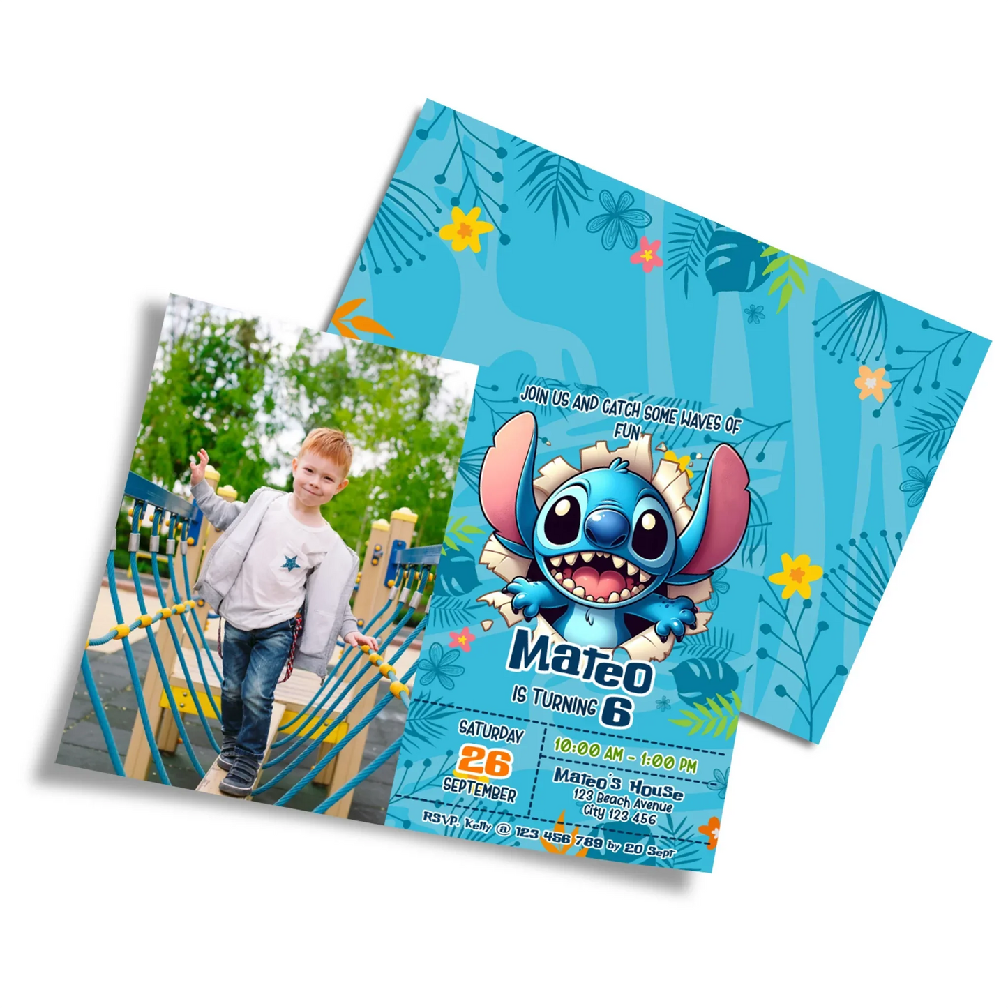 Stitch Personalized Photo Card Invitations with custom image and info